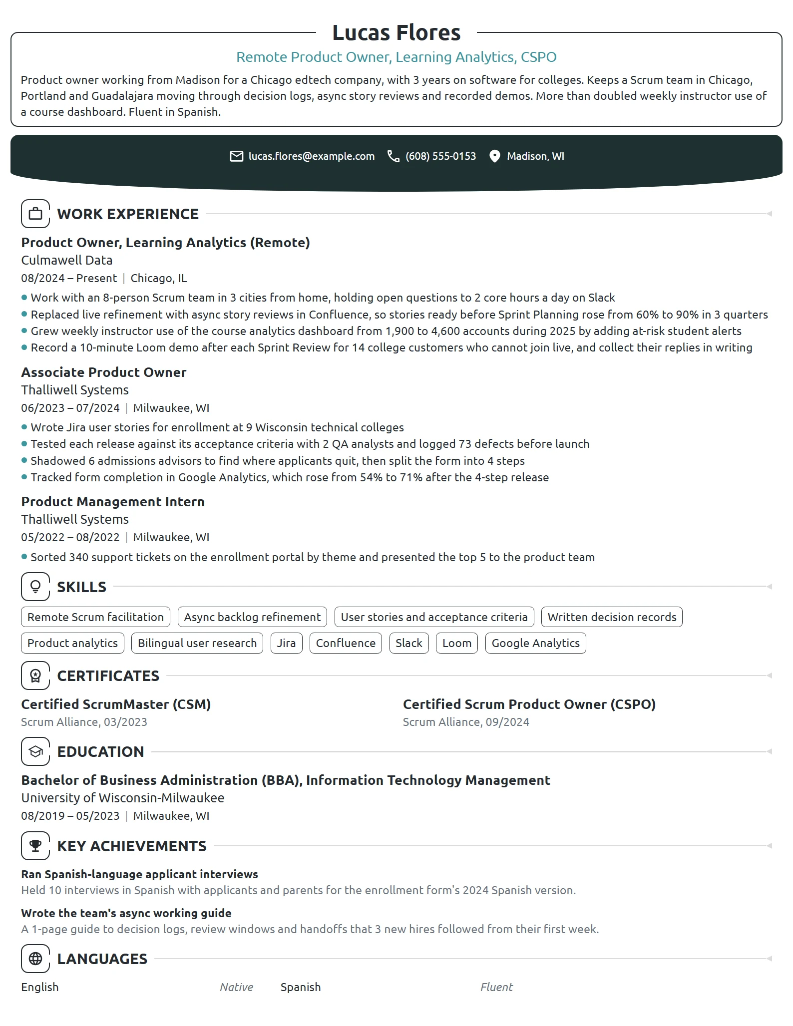Remote Product Owner resume example