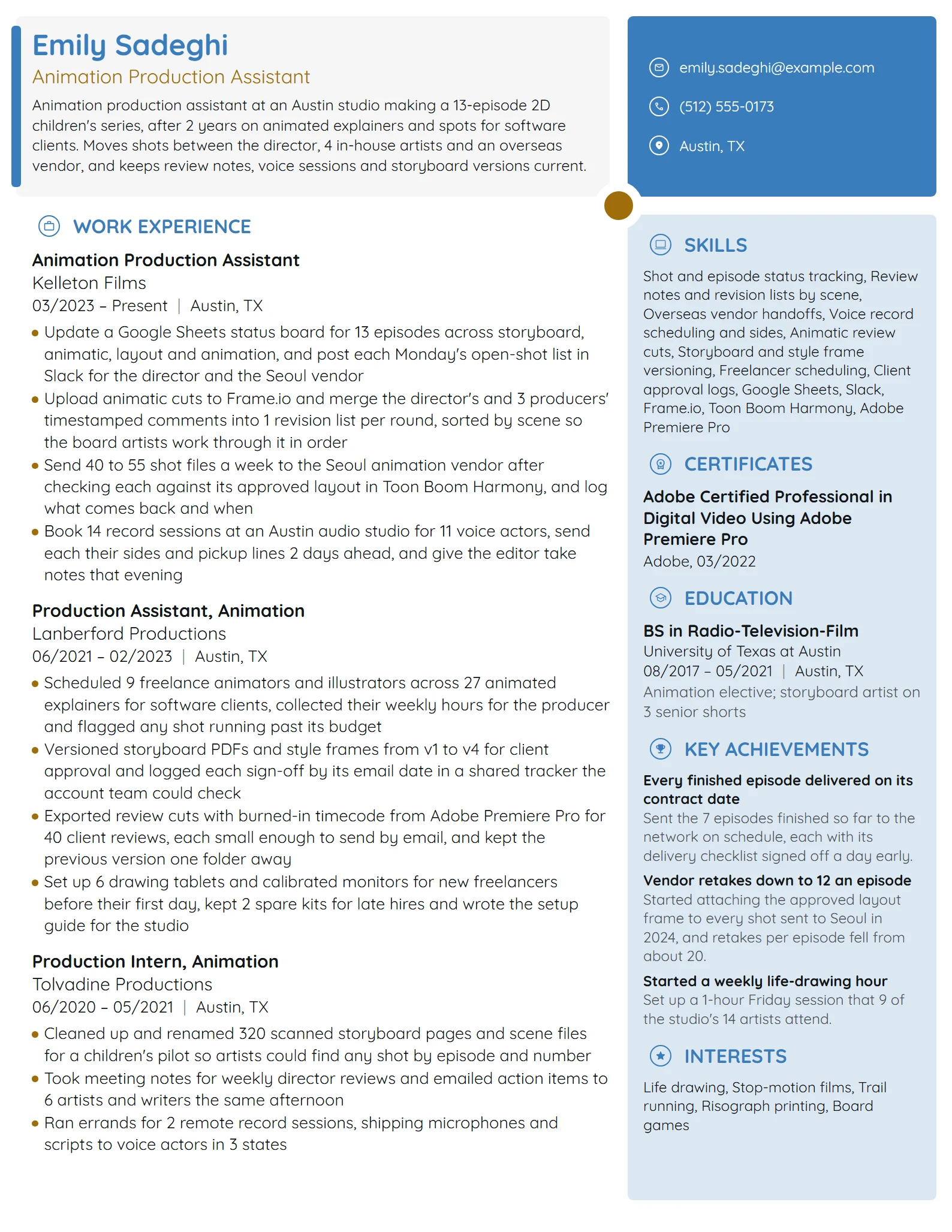Animation Production Assistant resume example