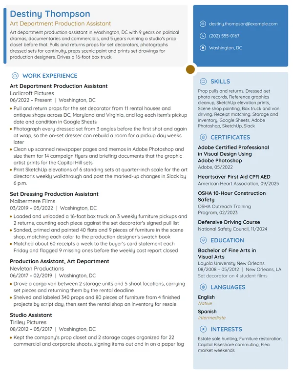 Art Department Production Assistant resume example