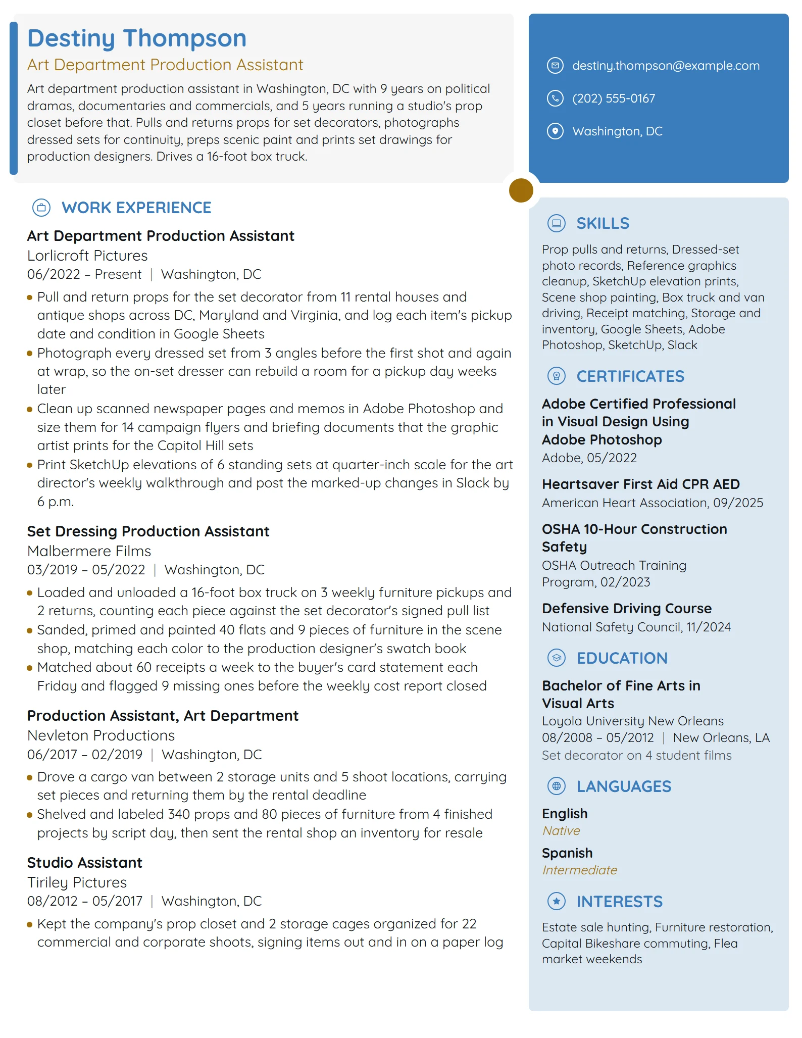 Art Department Production Assistant resume example