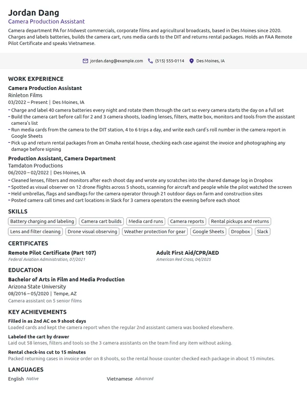 Camera Production Assistant resume example