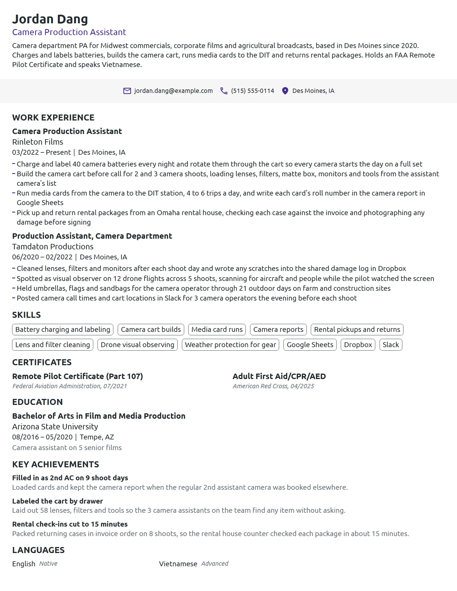 Camera Production Assistant resume example