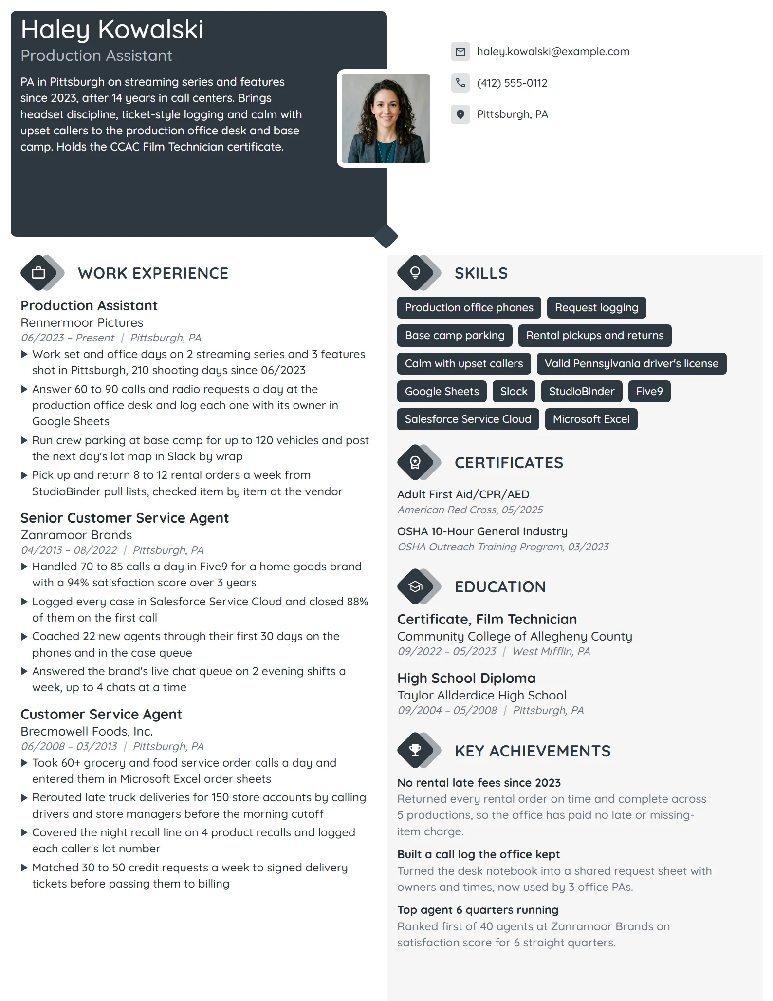 Career Change Production Assistant resume example