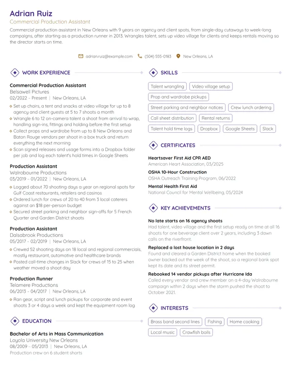 Commercial Production Assistant resume example