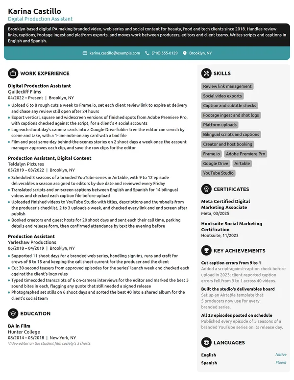 Digital Production Assistant resume example