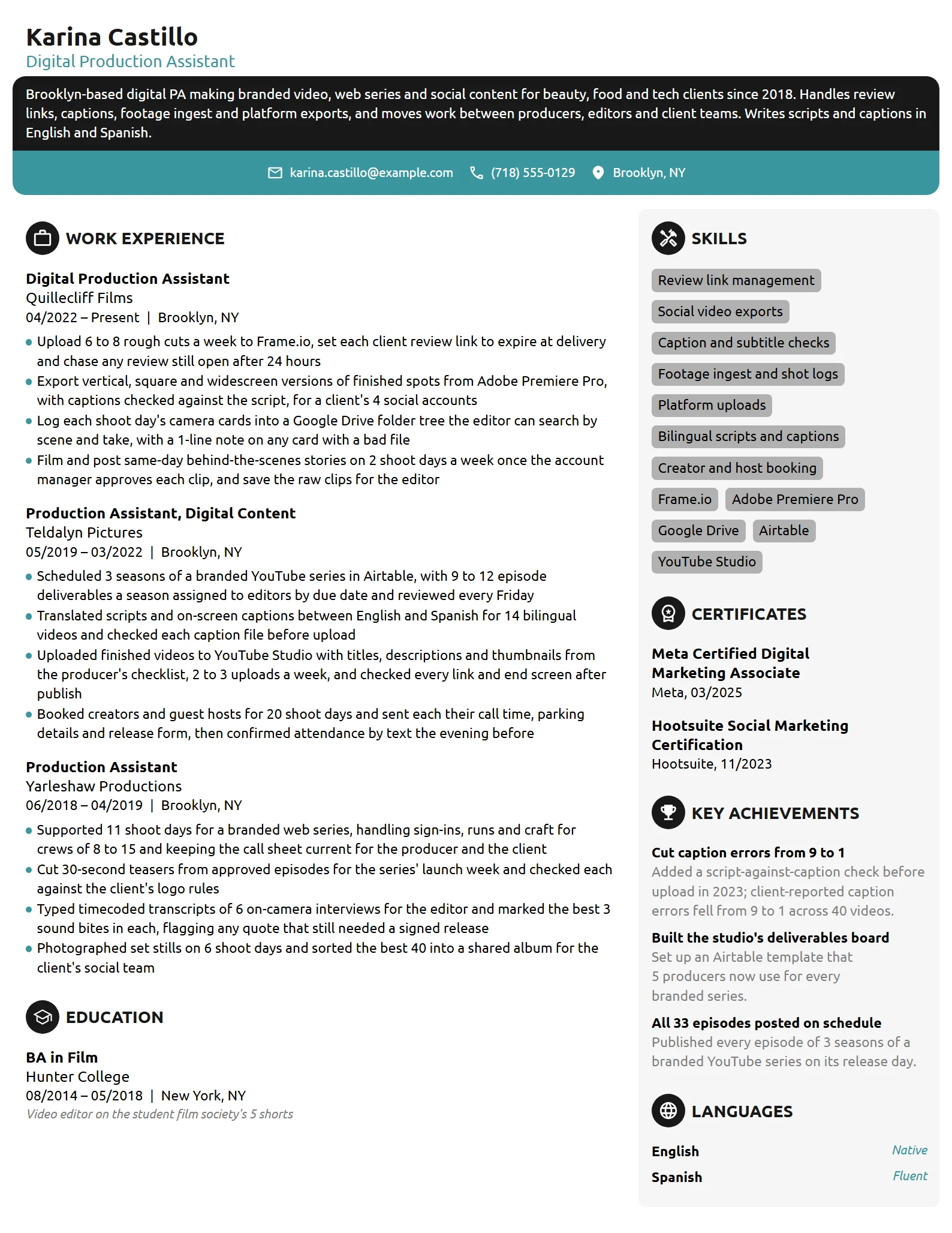 Digital Production Assistant resume example