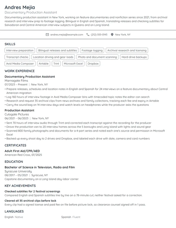 Documentary Production Assistant resume example