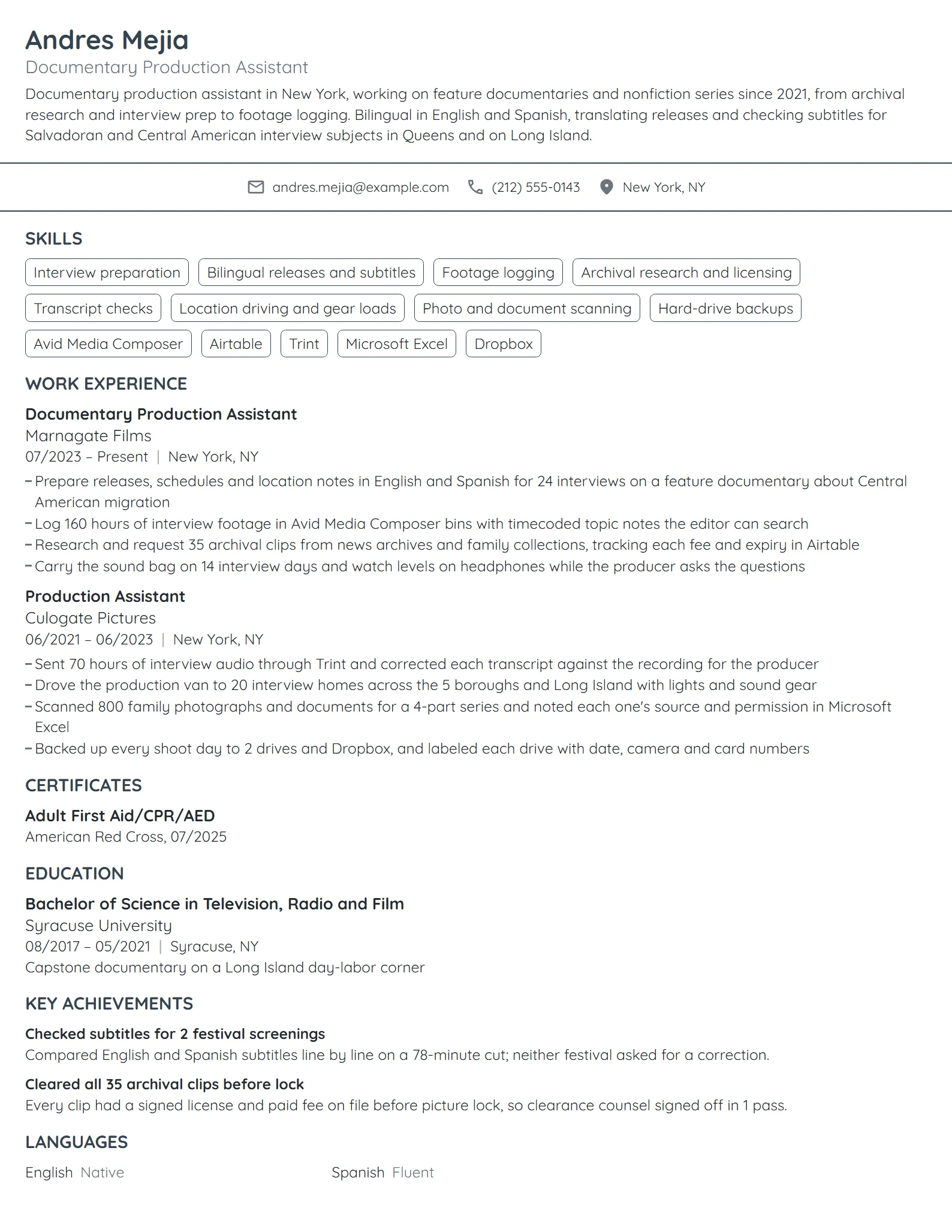 Documentary Production Assistant resume example