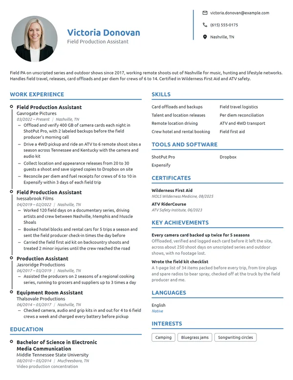 Field Production Assistant resume example