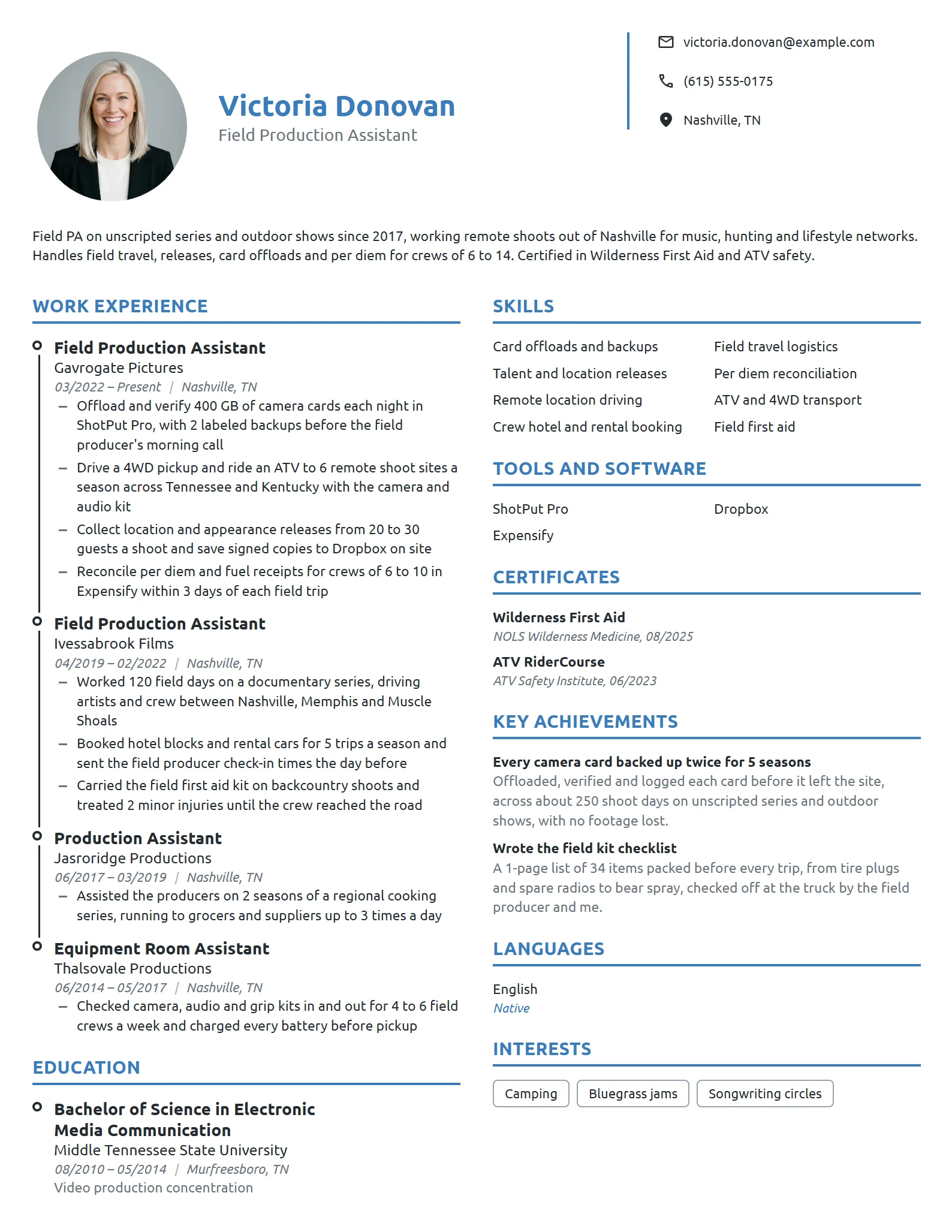 Field Production Assistant resume example