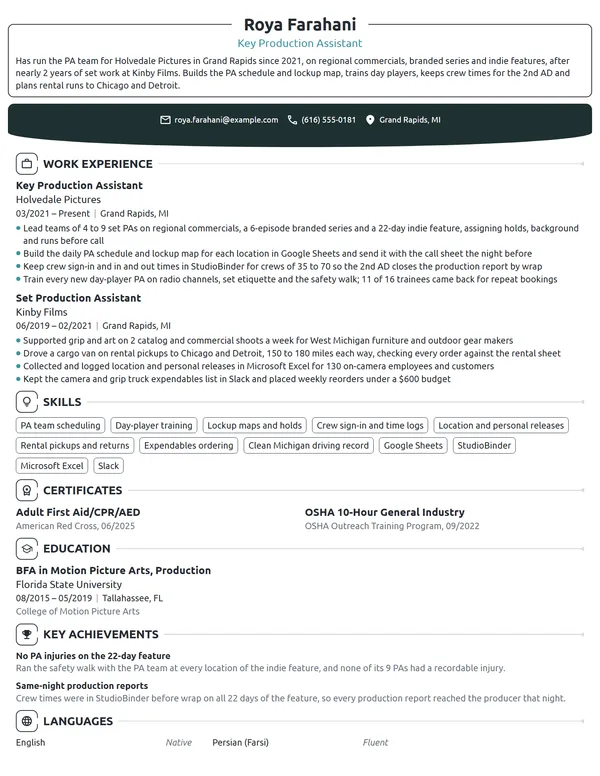 Key Production Assistant resume example