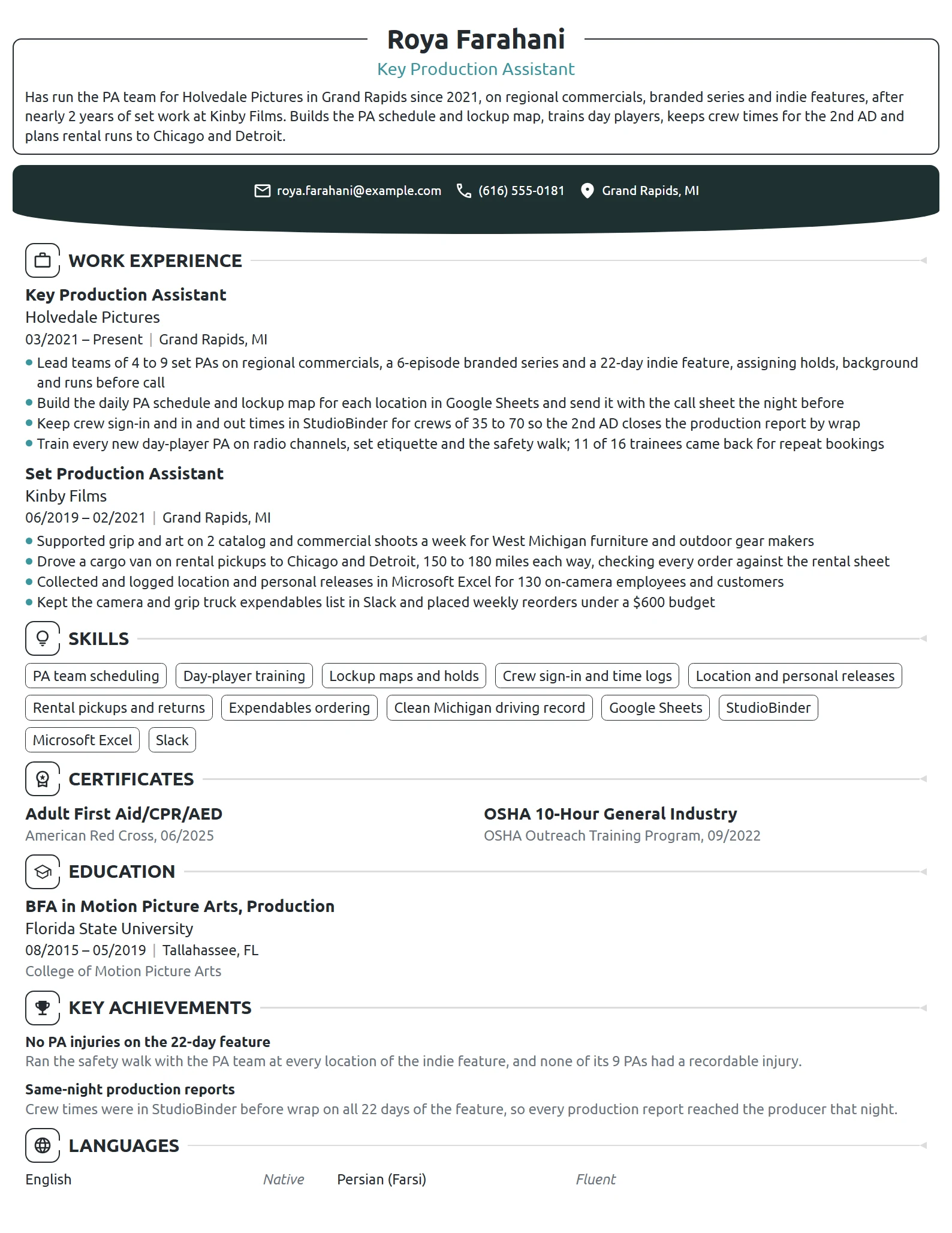 Key Production Assistant resume example