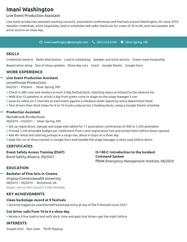 Live Event Production Assistant resume example