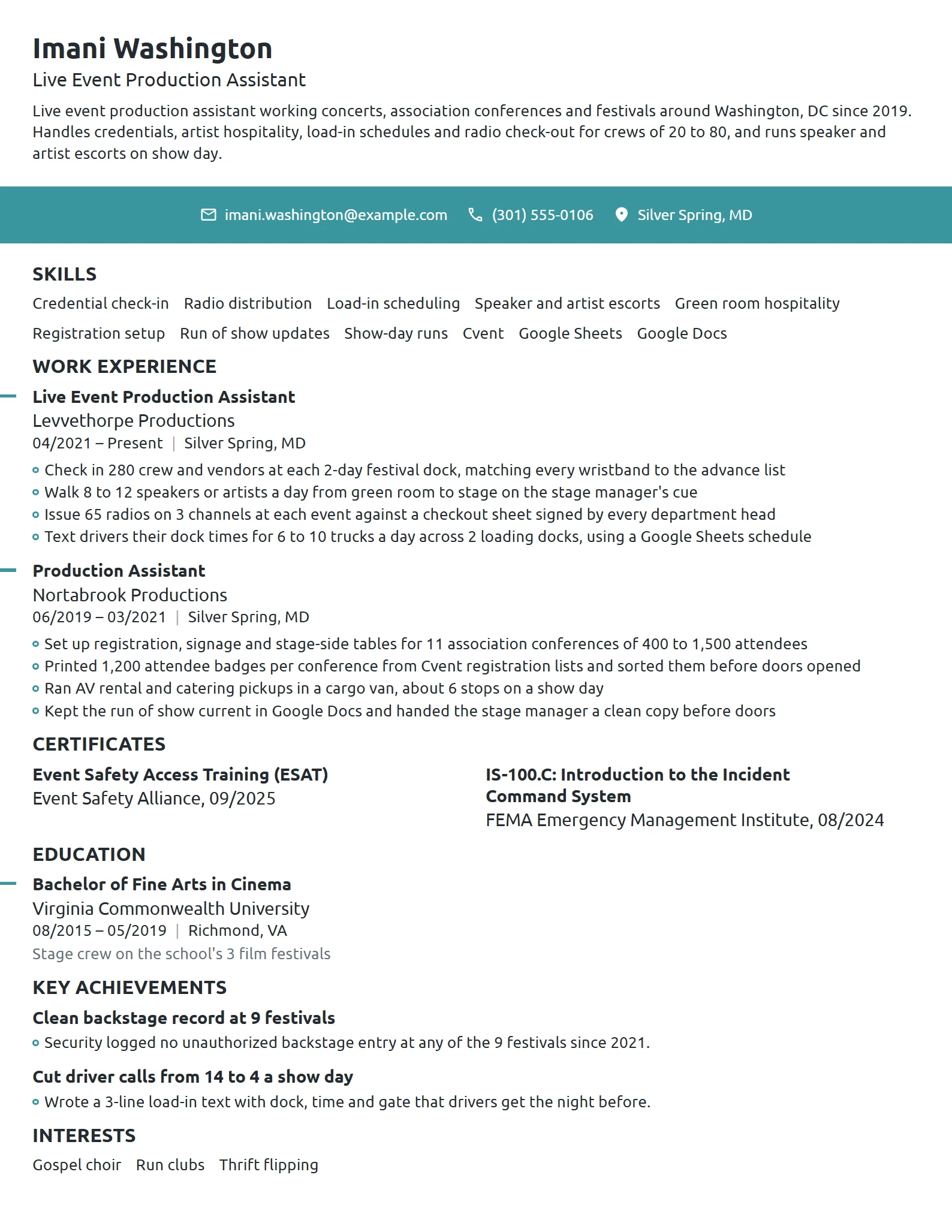 Live Event Production Assistant resume example