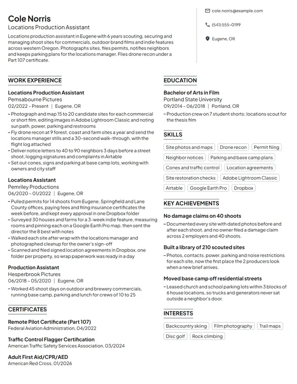 Locations Production Assistant resume example