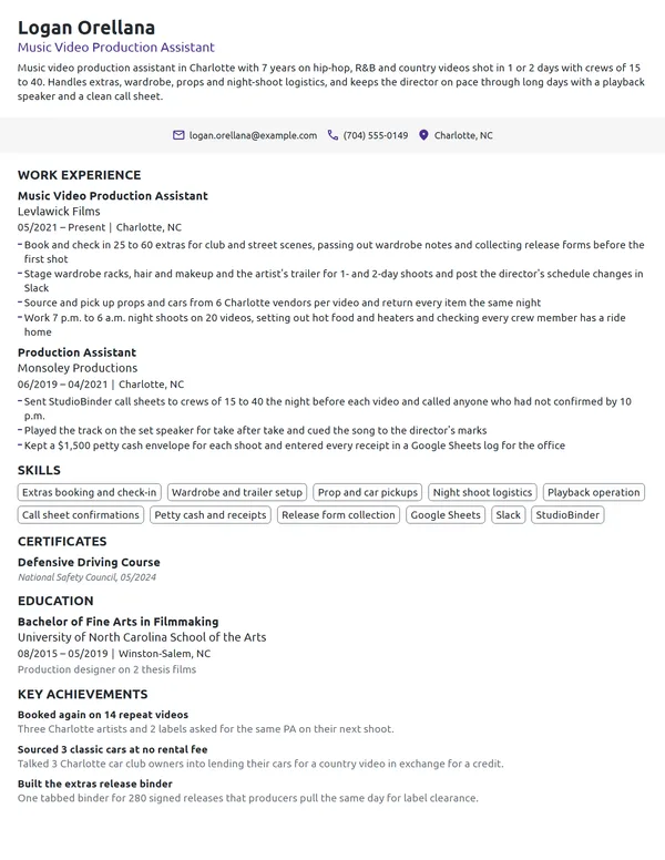 Music Video Production Assistant resume example