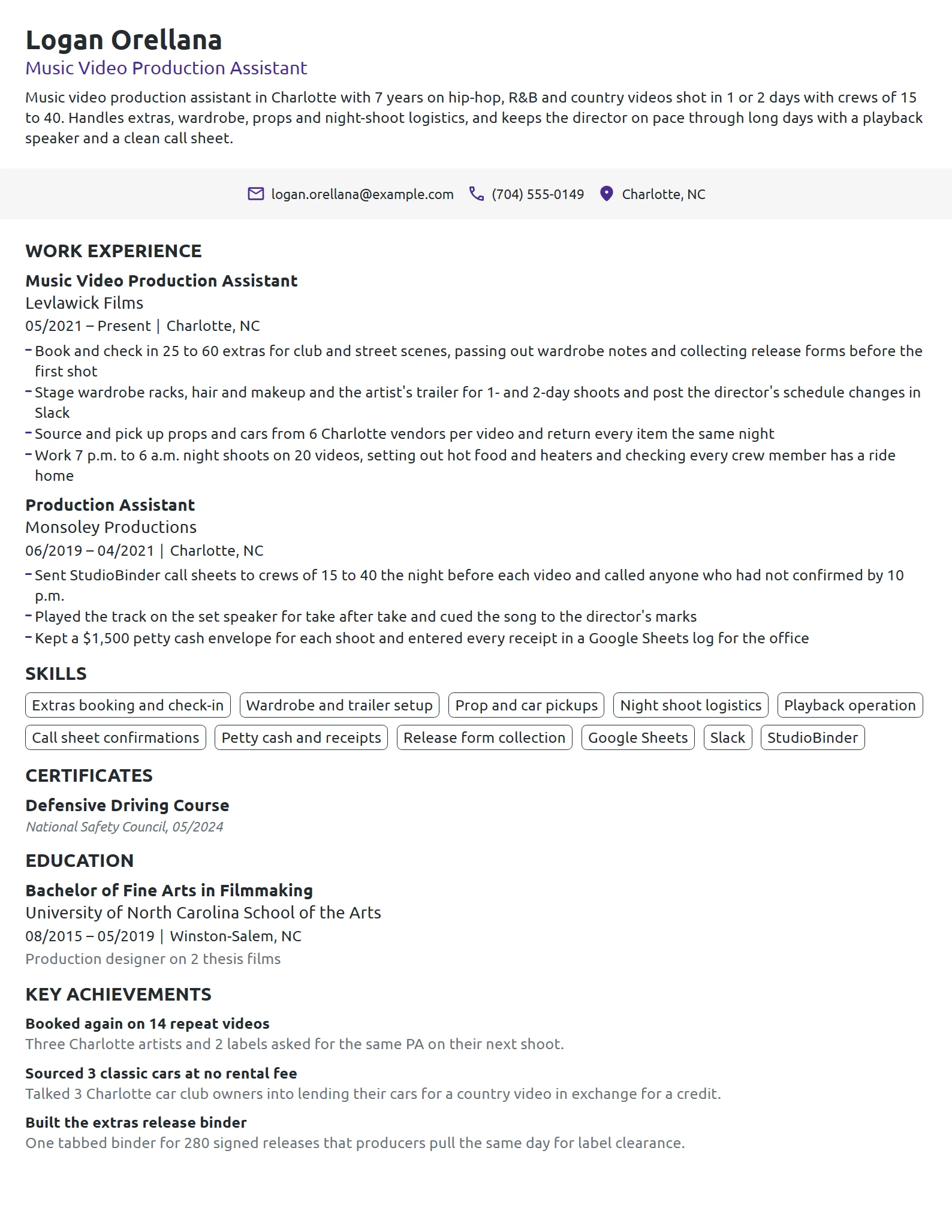Music Video Production Assistant resume example