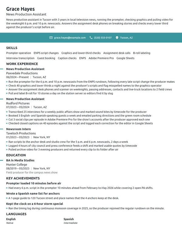 News Production Assistant resume example