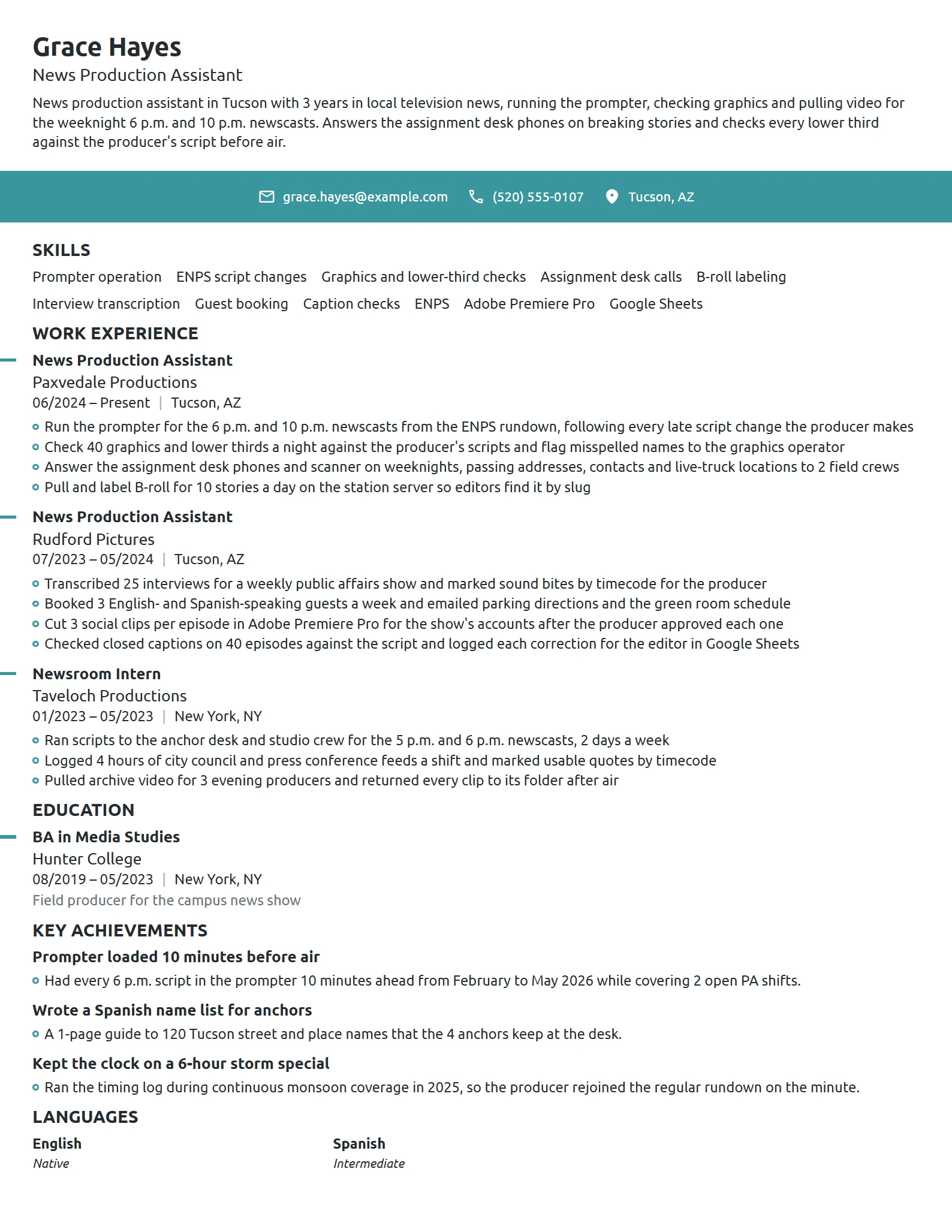 News Production Assistant resume example
