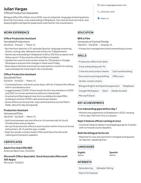 Office Production Assistant resume example
