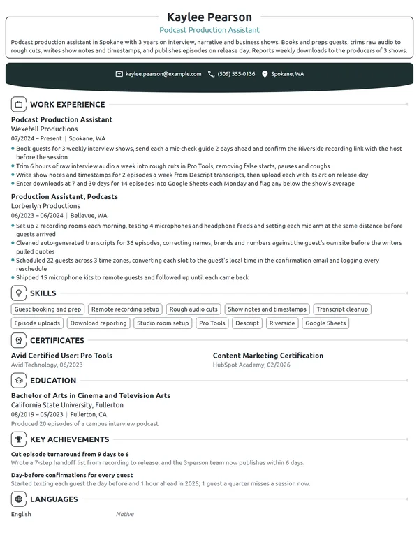 Podcast Production Assistant resume example