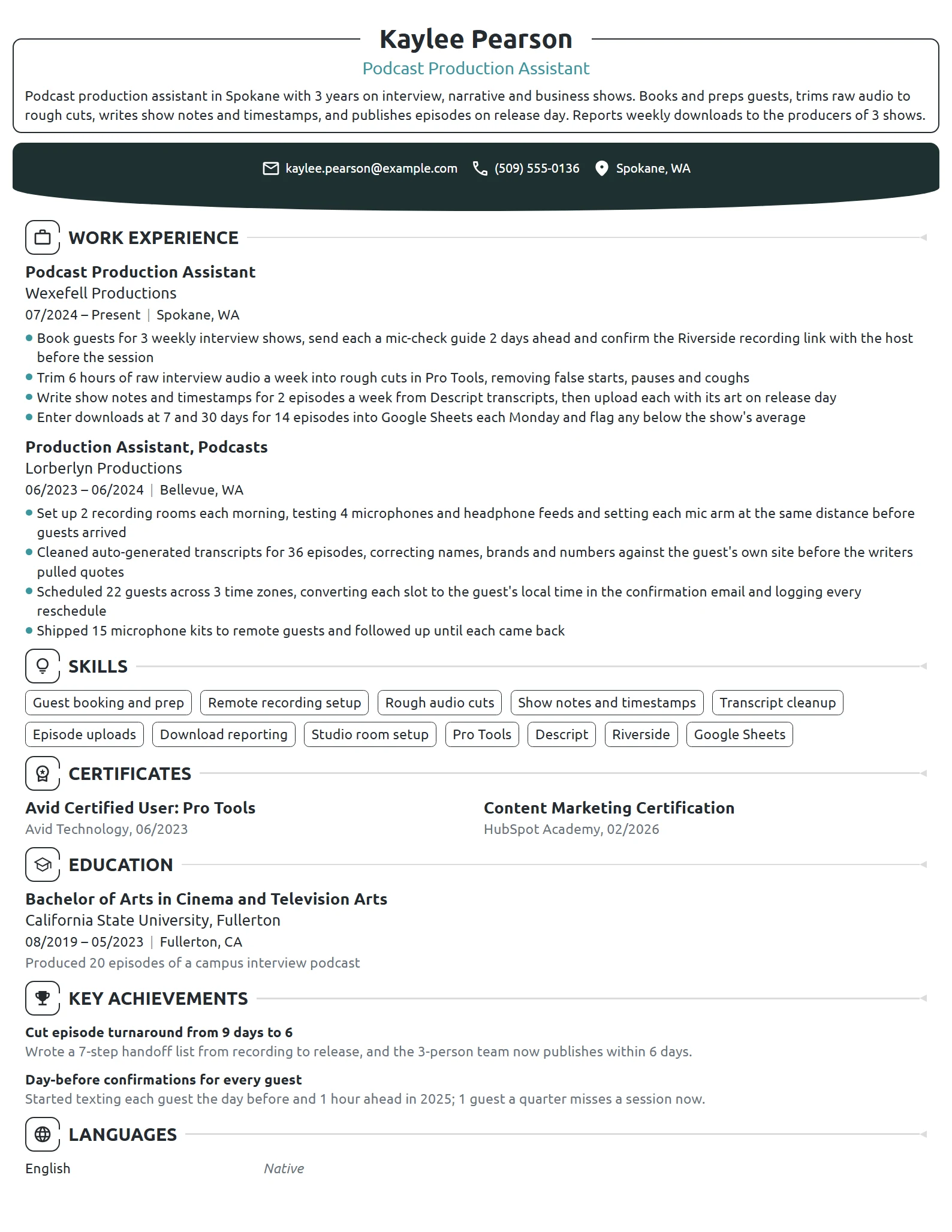Podcast Production Assistant resume example