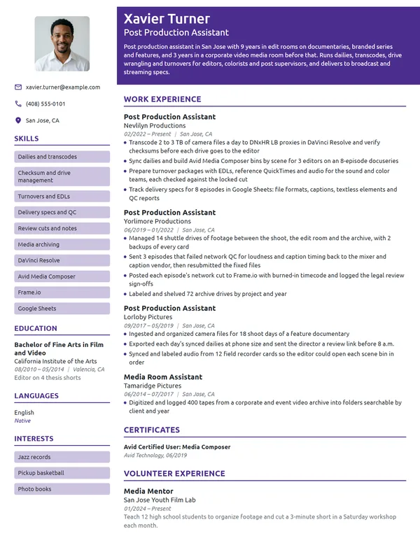 Post Production Assistant resume example
