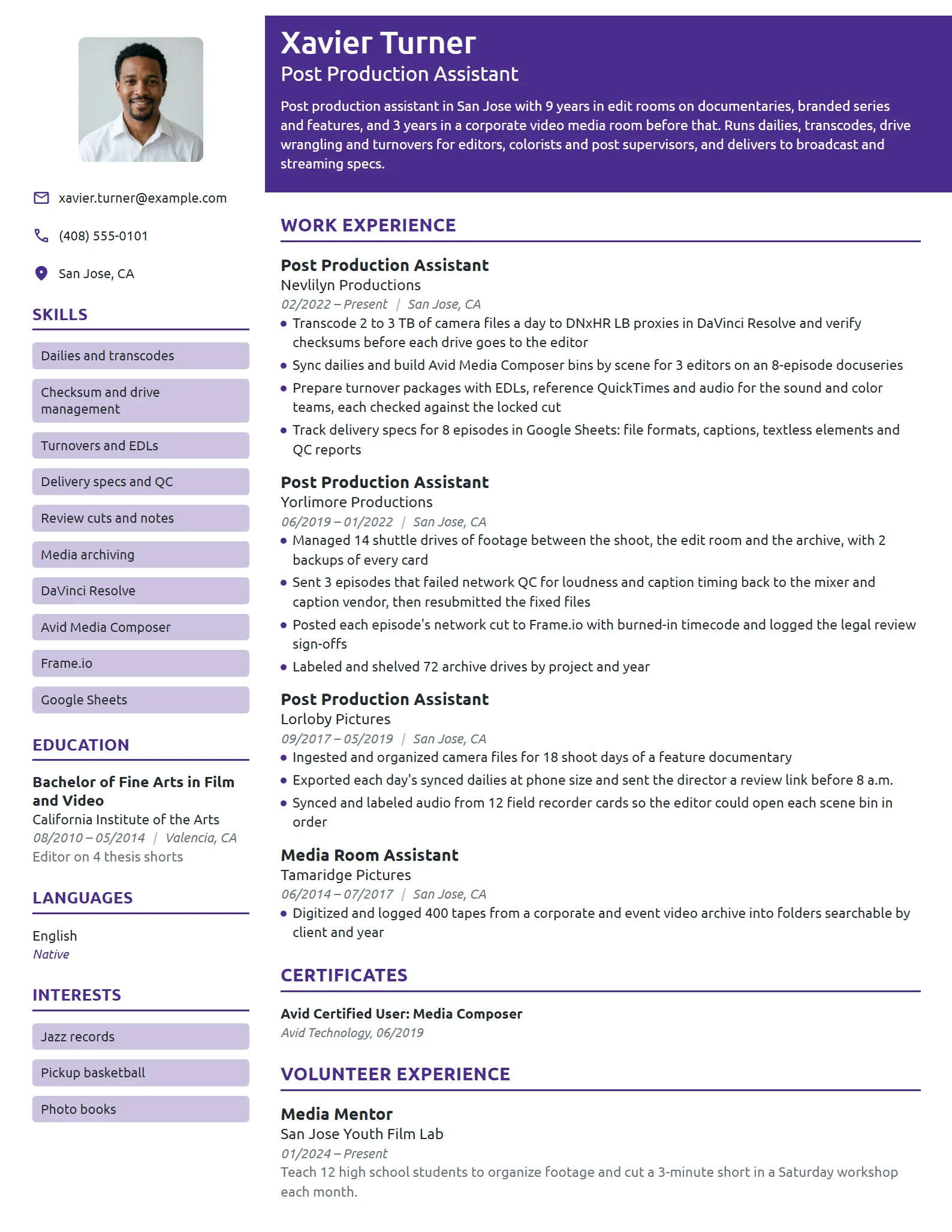 Post Production Assistant resume example