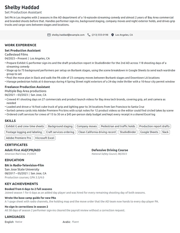 Production Assistant resume example