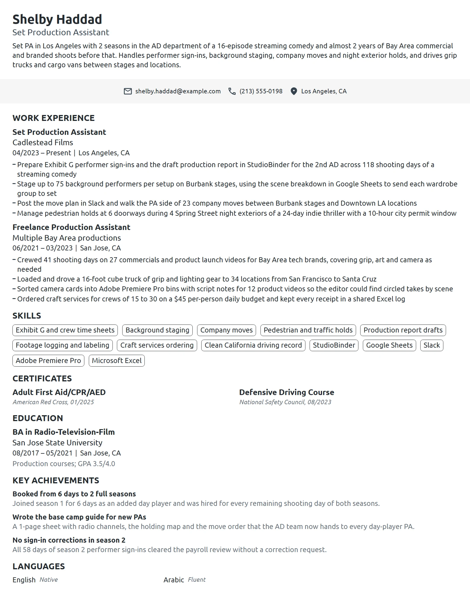 Production Assistant resume example