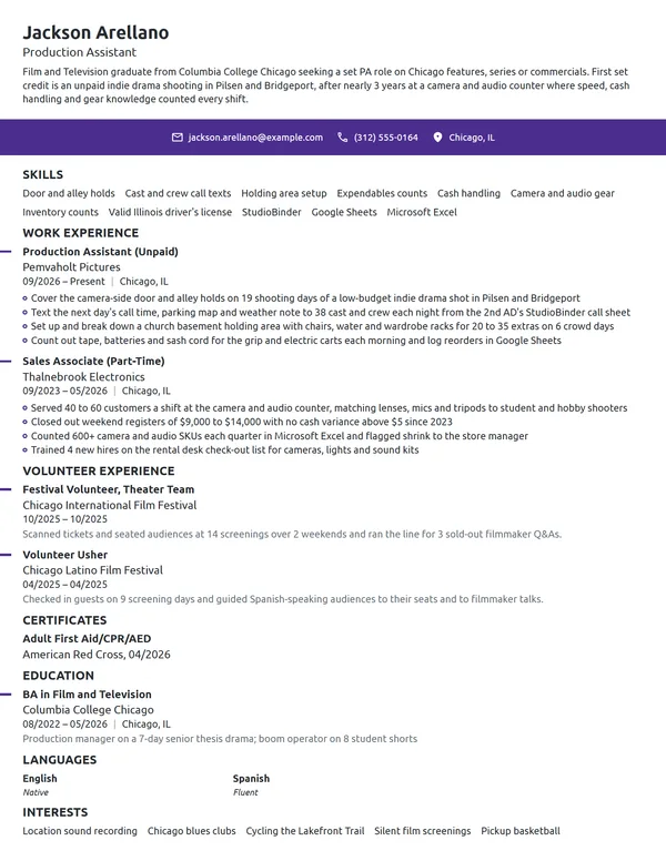 Production Assistant with No Experience resume example
