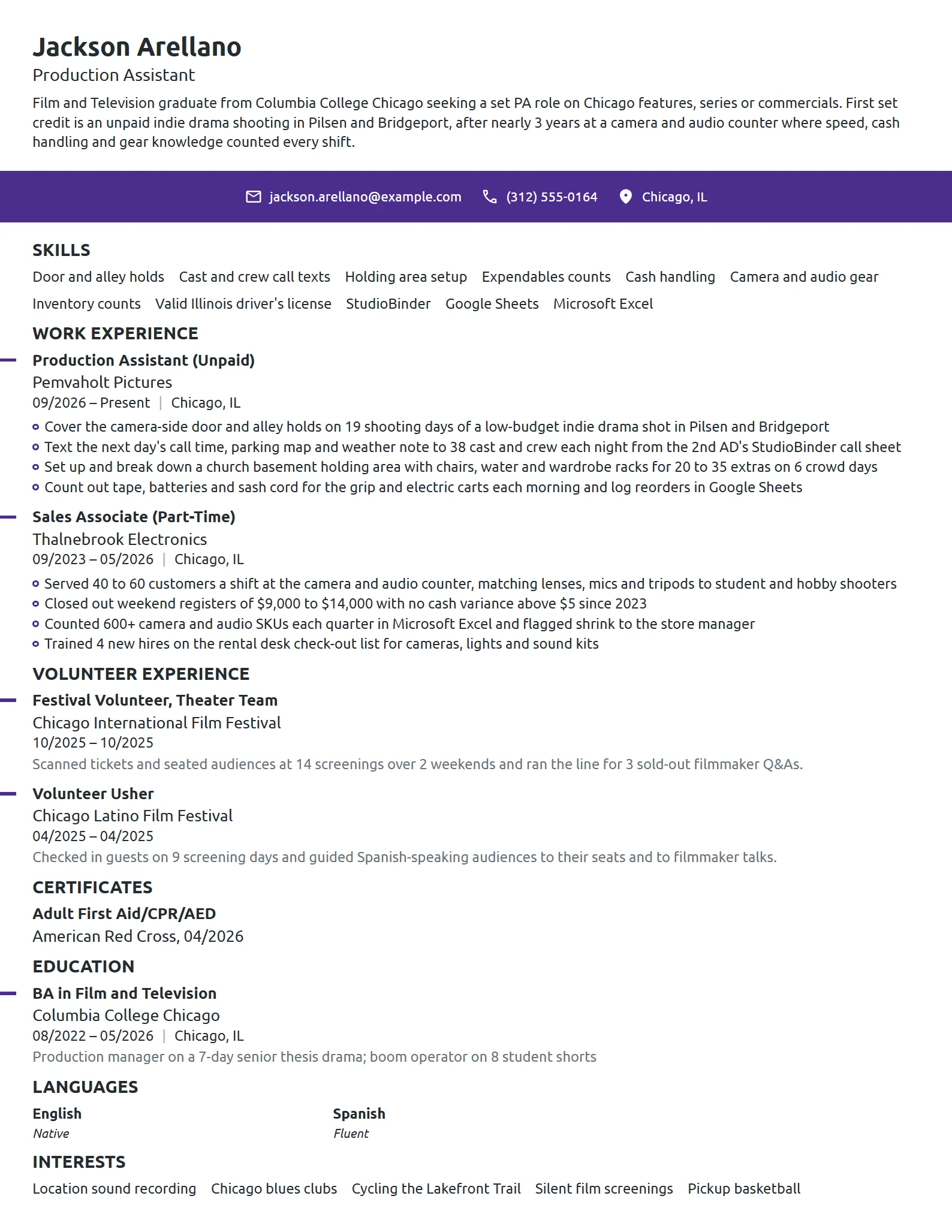 Production Assistant with No Experience resume example
