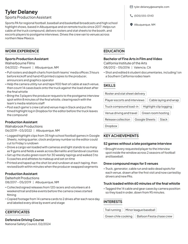 Sports Production Assistant resume example