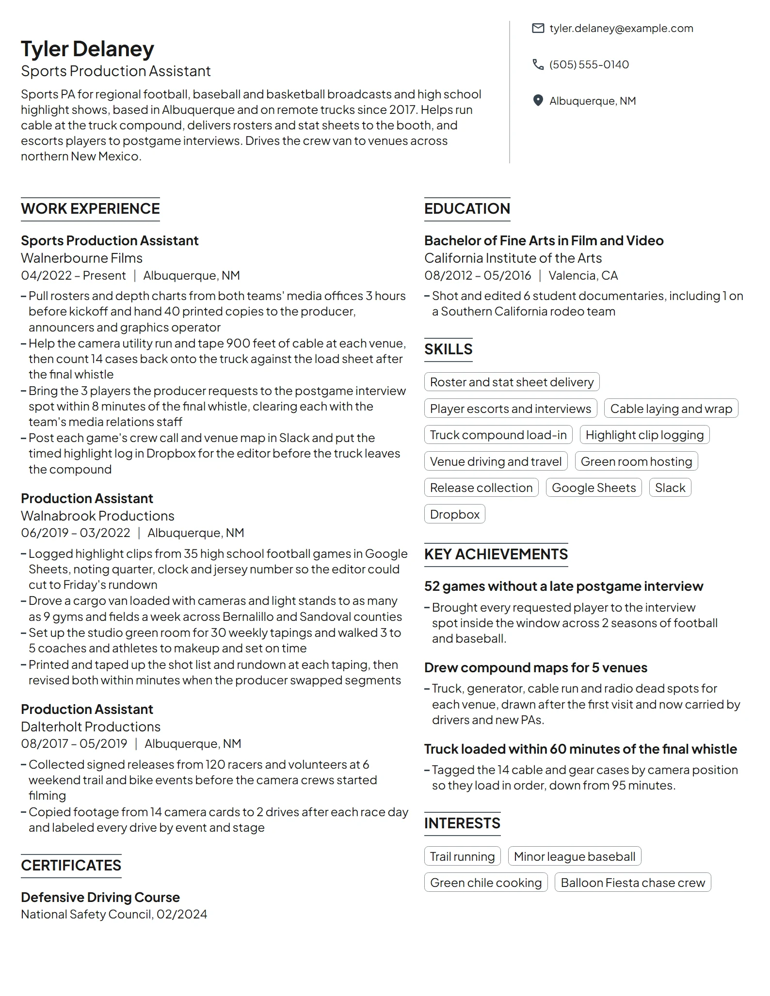 Sports Production Assistant resume example