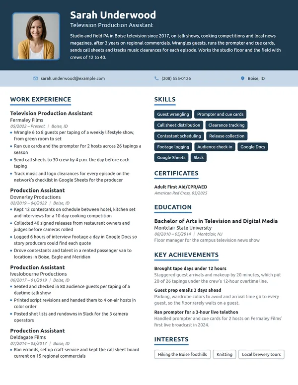 Television Production Assistant resume example
