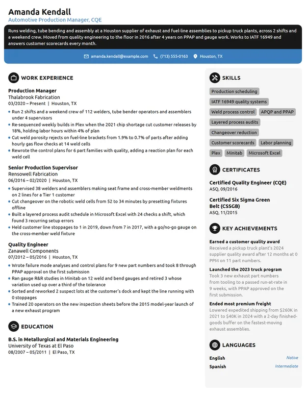 Automotive Production Manager resume example