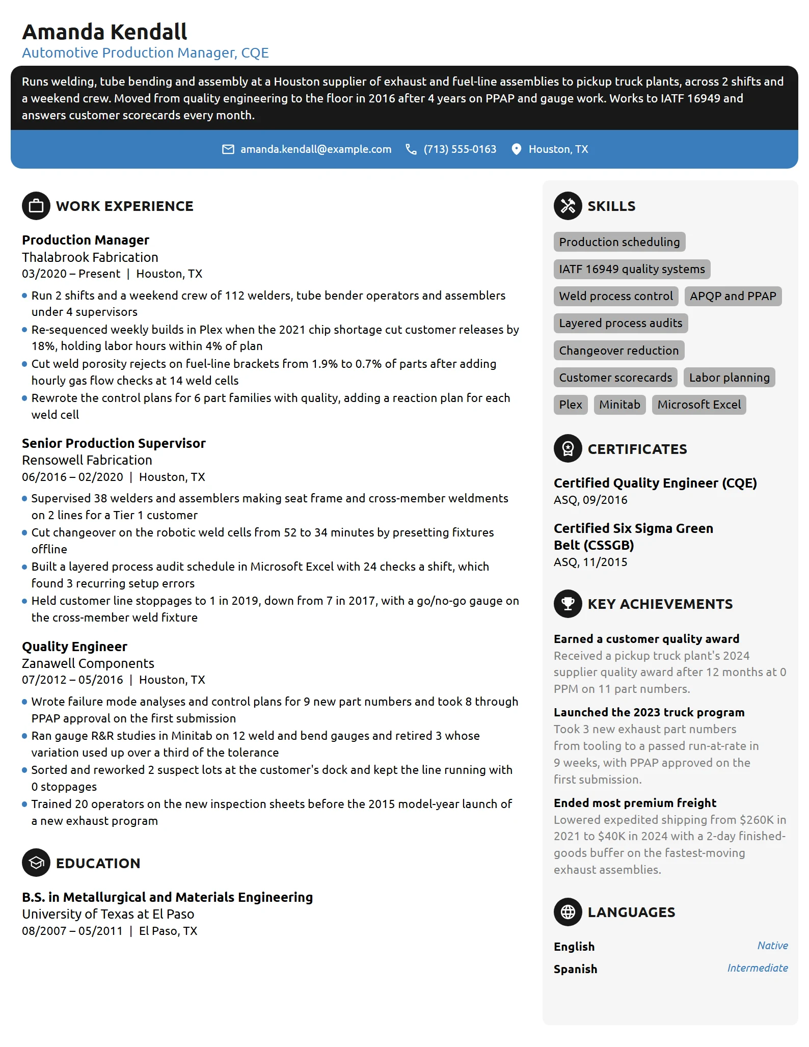 Automotive Production Manager resume example