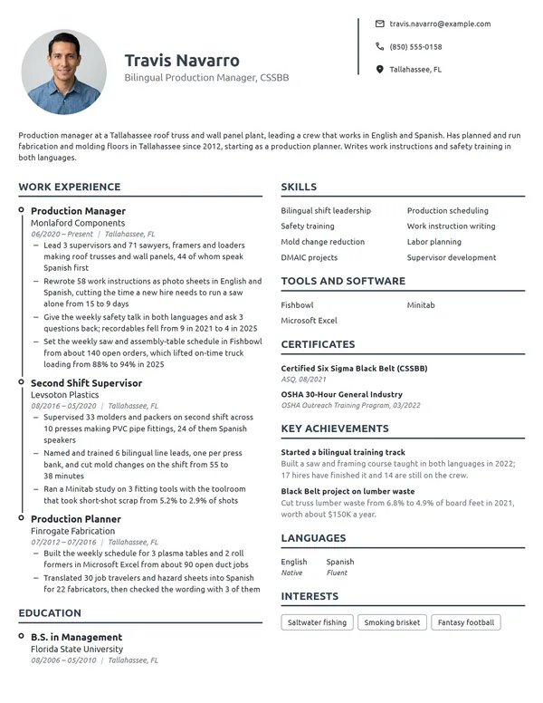 Bilingual Production Manager resume example