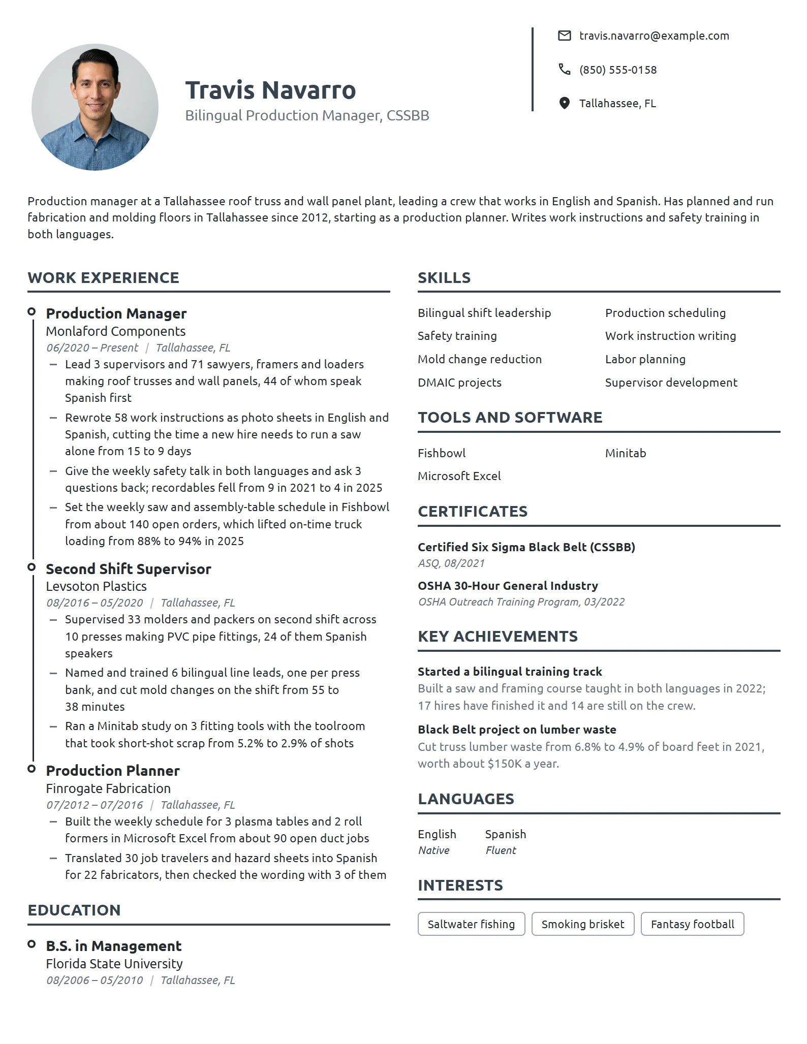 Bilingual Production Manager resume example