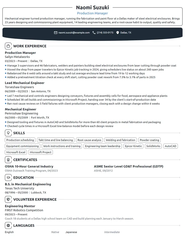 Career Change Production Manager resume example