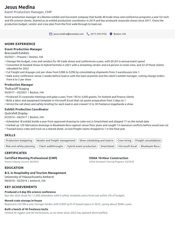 Event Production Manager resume example