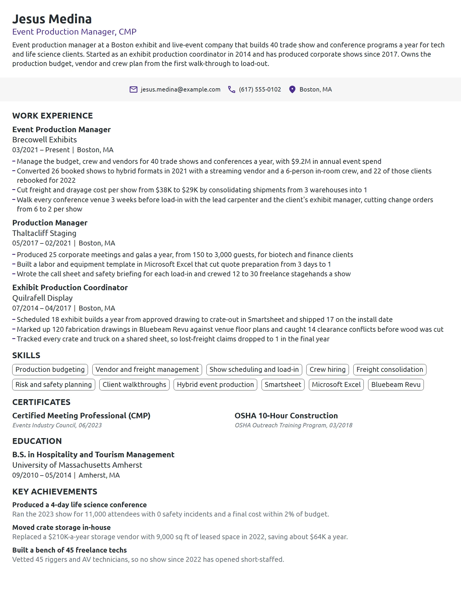 Event Production Manager resume example