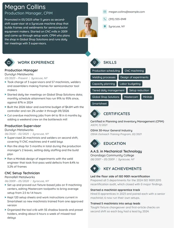 First-Time Production Manager resume example