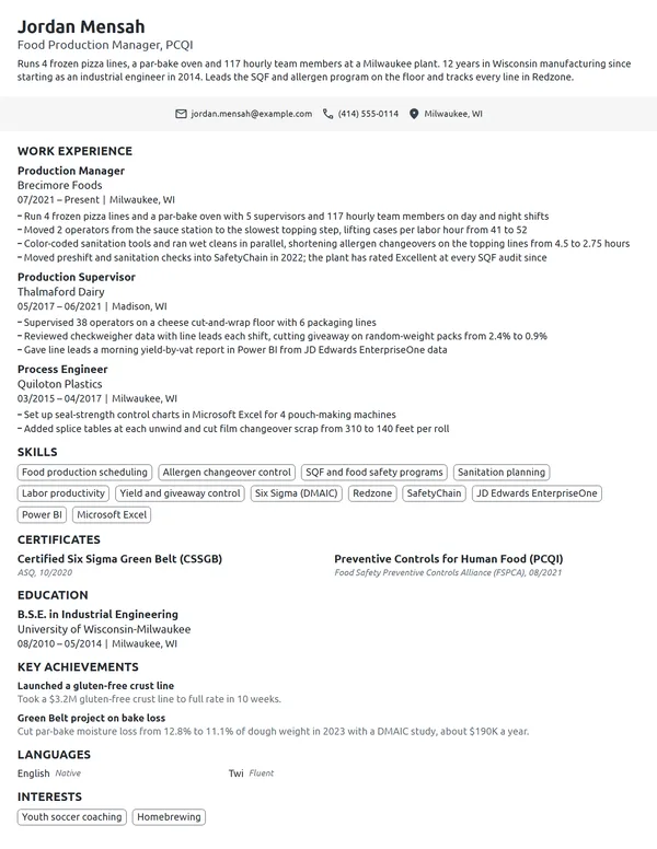 Food Production Manager resume example