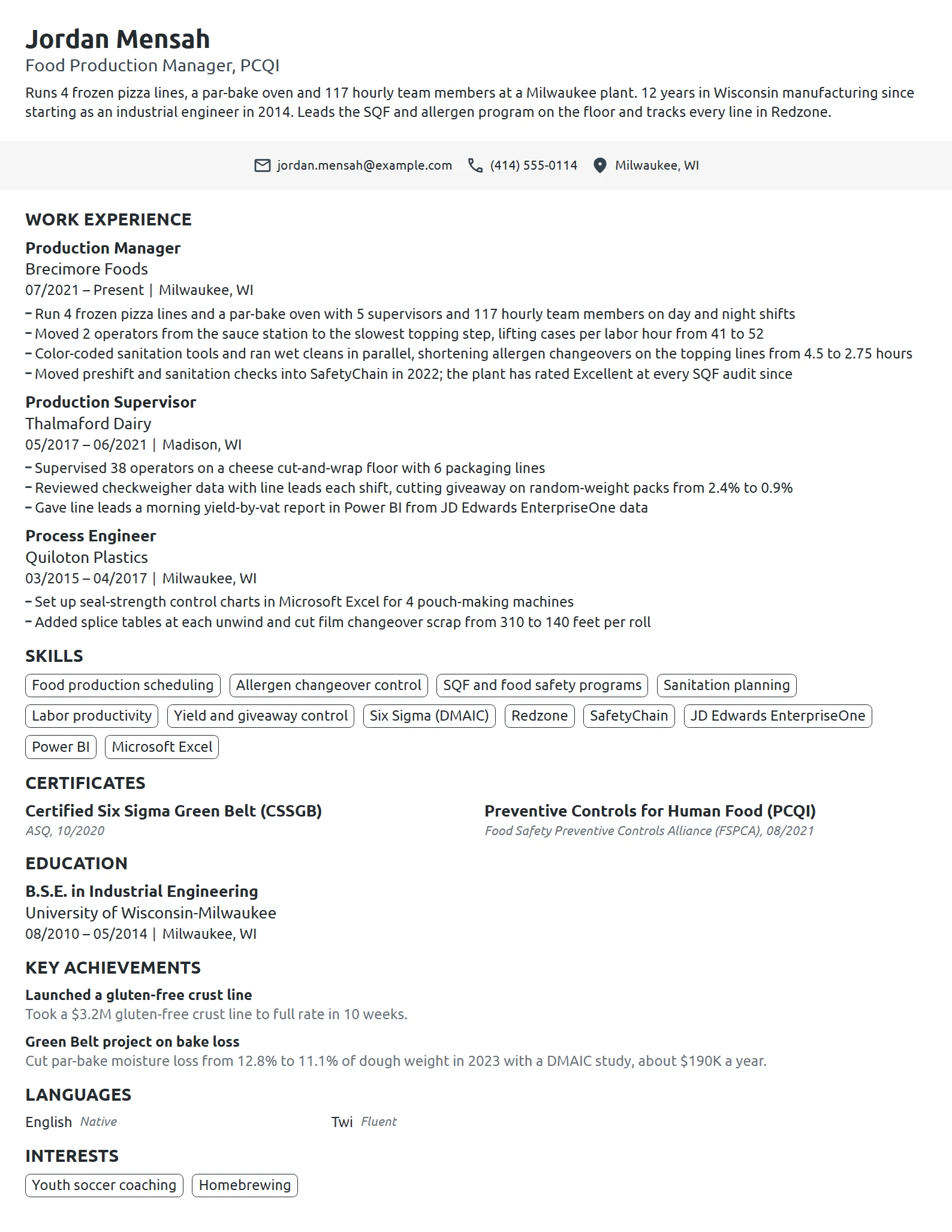 Food Production Manager resume example