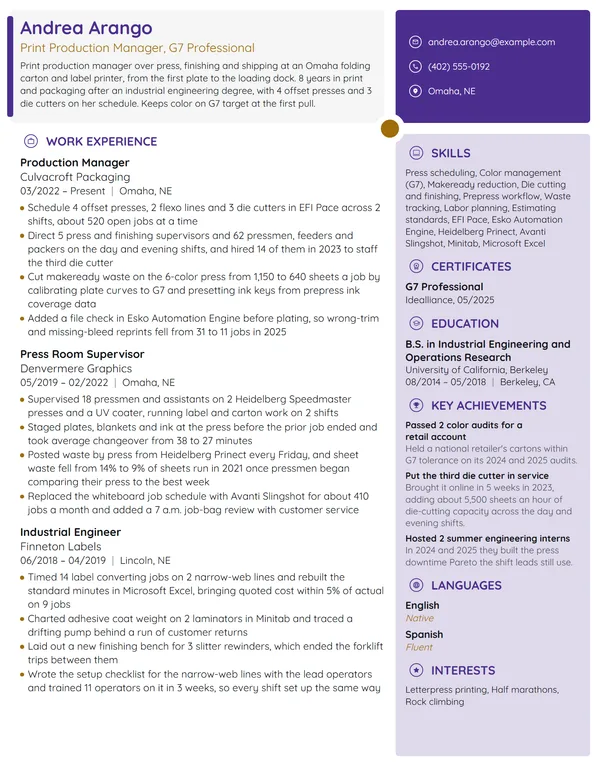 Print Production Manager resume example