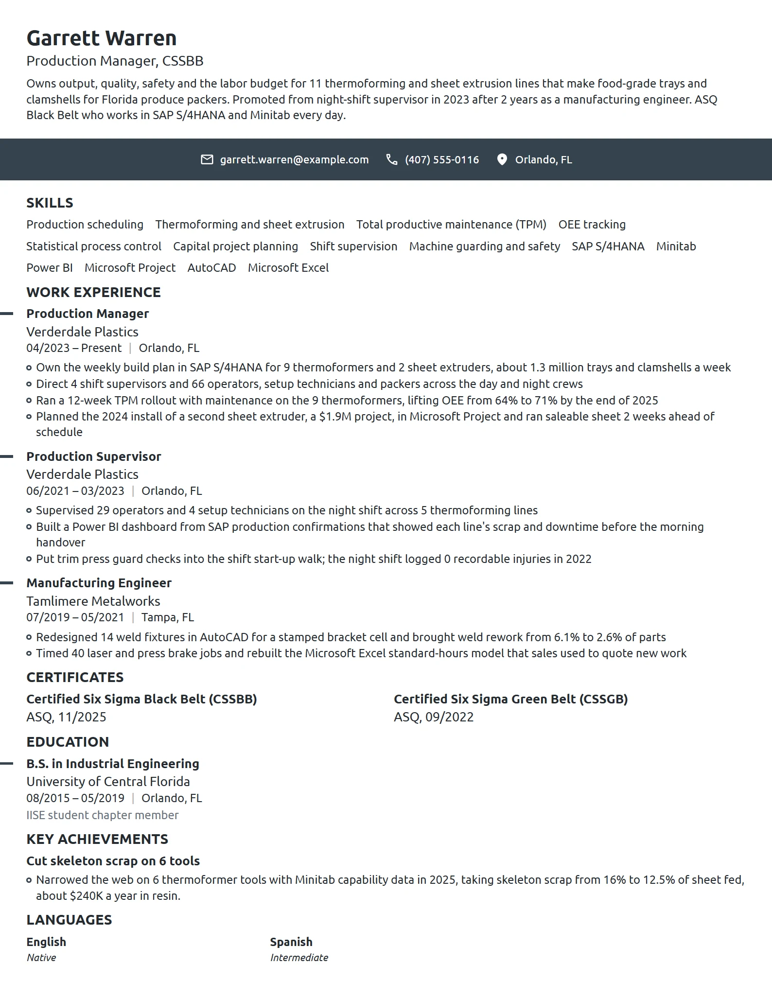 Production Manager resume example