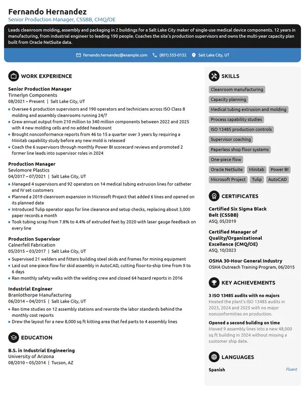 Senior Production Manager resume example