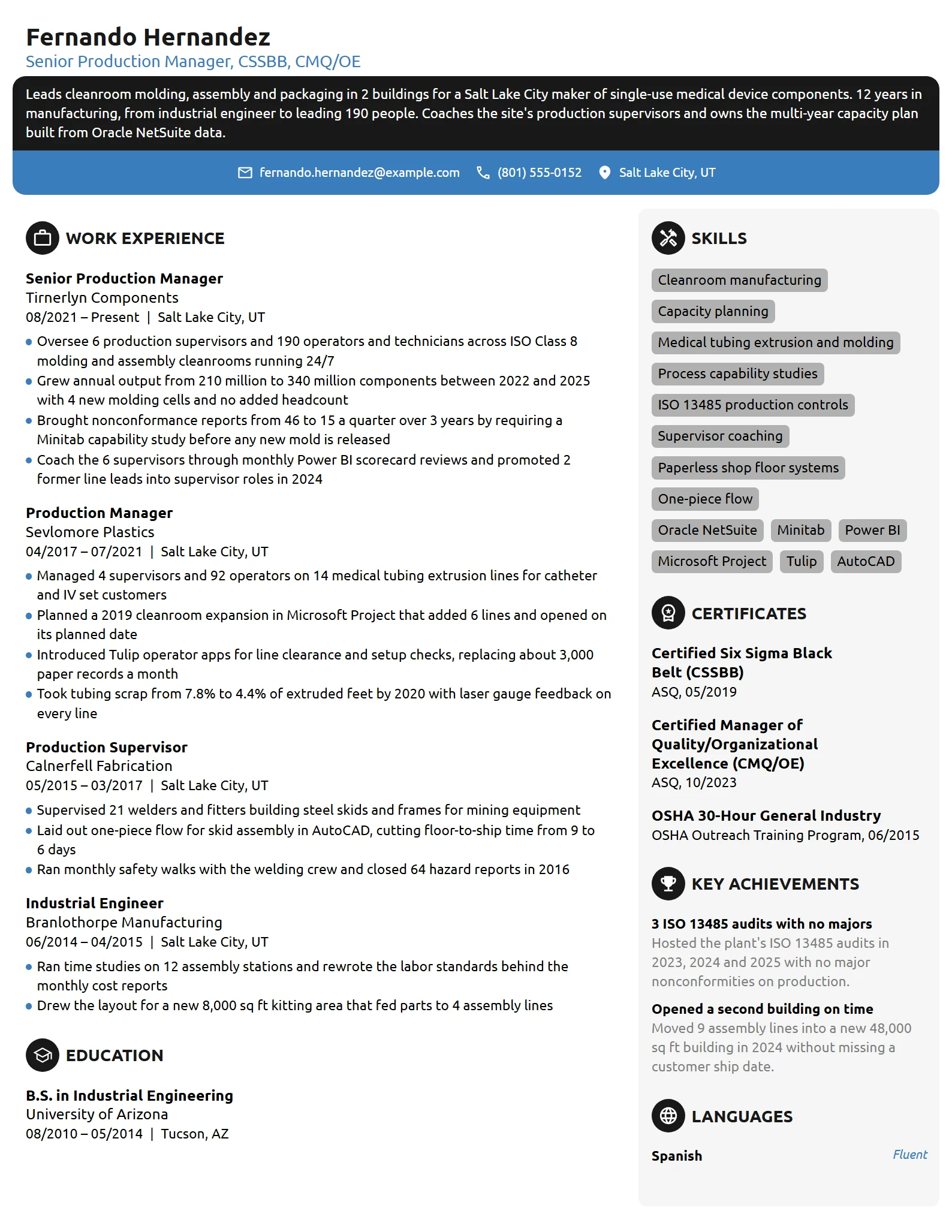 Senior Production Manager resume example