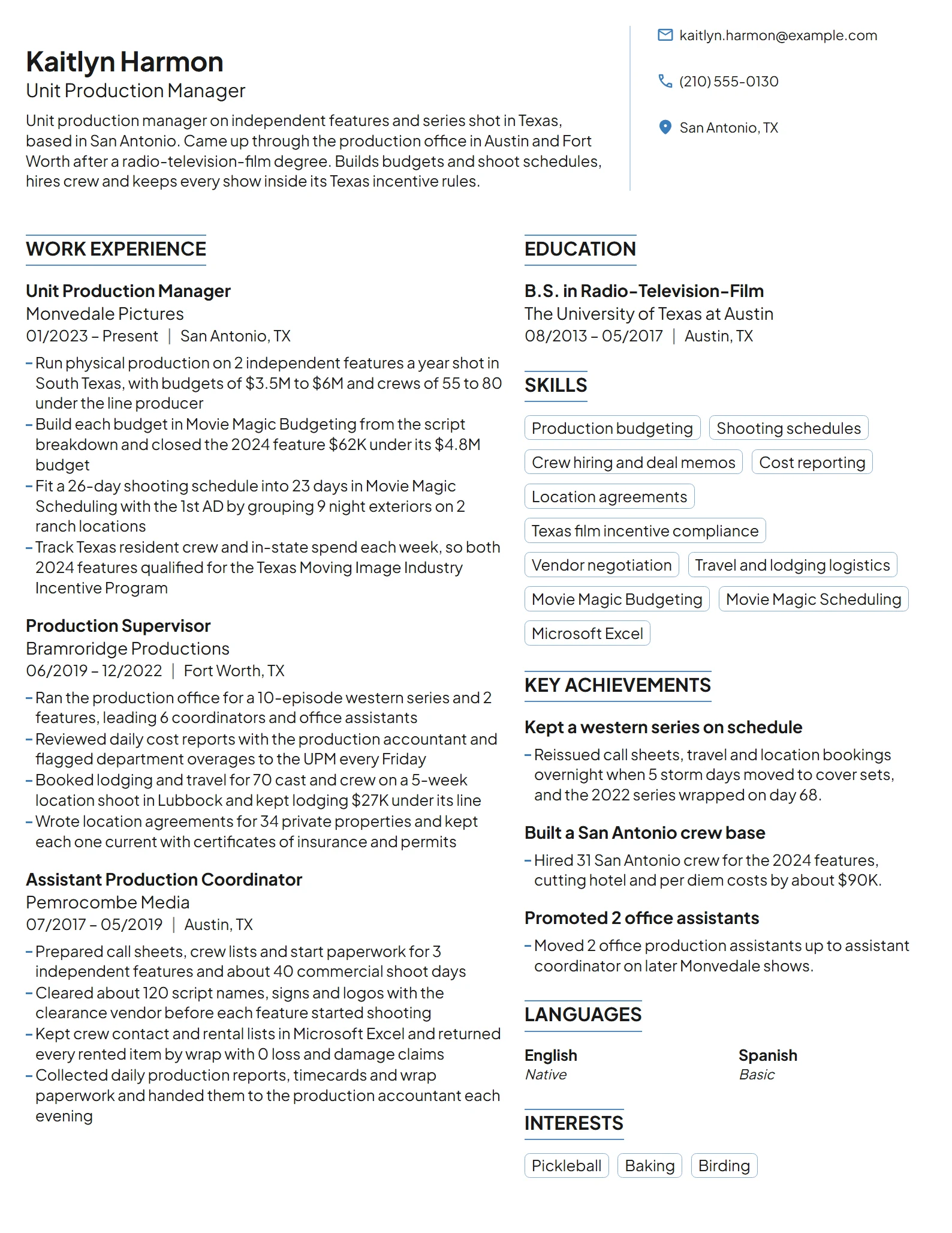 Unit Production Manager resume example